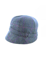 Damski kapelusz wełniany tweed flapper szara jodełka i purpurowa linia z klamrą