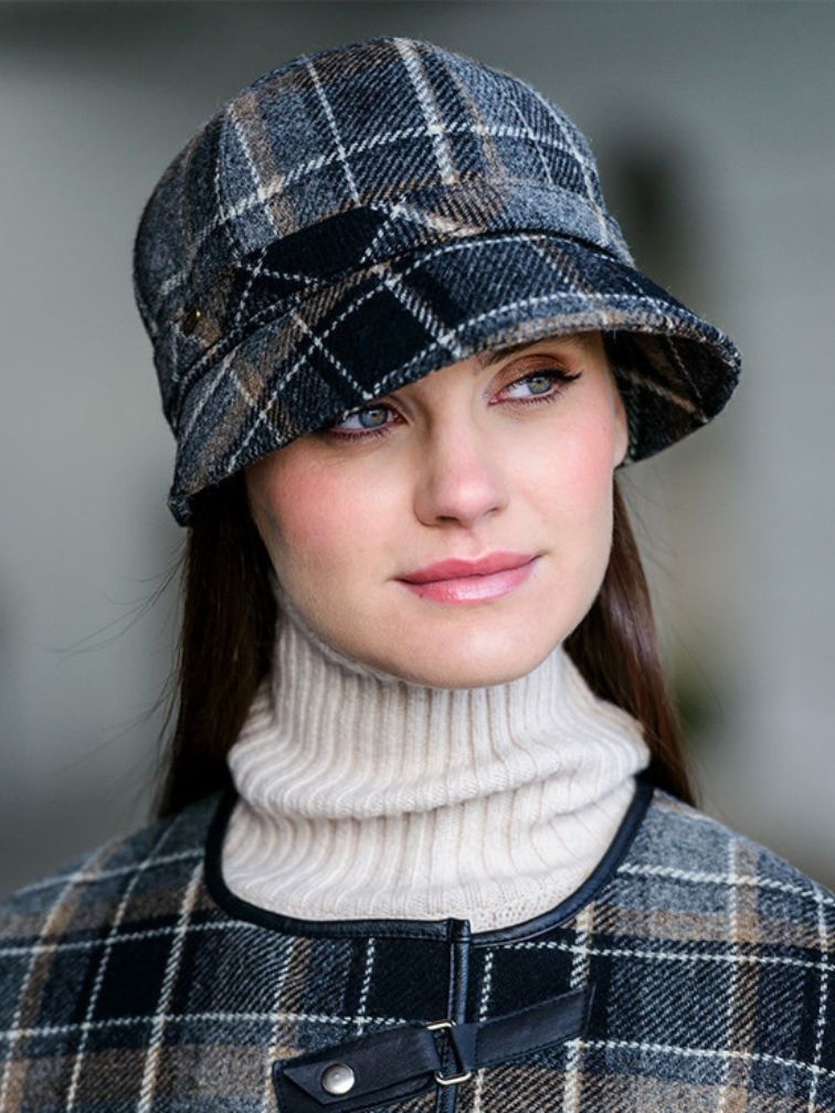 Damski kapelusz wełniany flapper w szarą i czarną kratkę