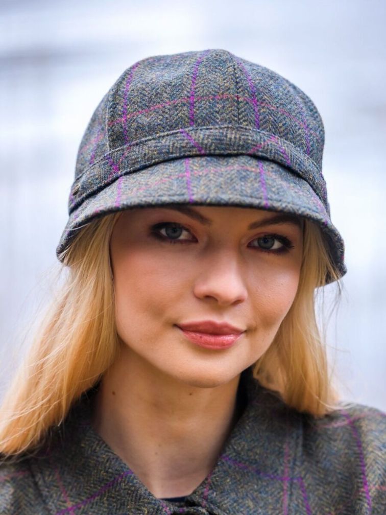 Damski kapelusz wełniany tweed flapper szara jodełka i purpurowa linia
