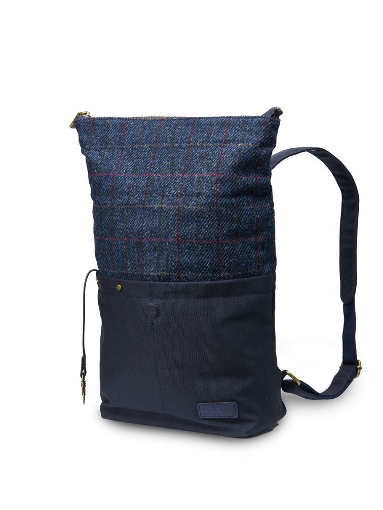 granatowy plecak na ramię w kratkę harris tweed i płótno
