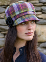 Damski kapelusz wełniany typu newsboy w kratkę purpurowo-zieloną