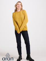 Sweter damski z wełny merino z okraglym dekoltem w kolorze musztardowym, nitka melanżowa