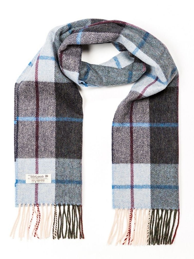 Krótki szalik z wełny jagnięcej Light Blue Charcoal Check