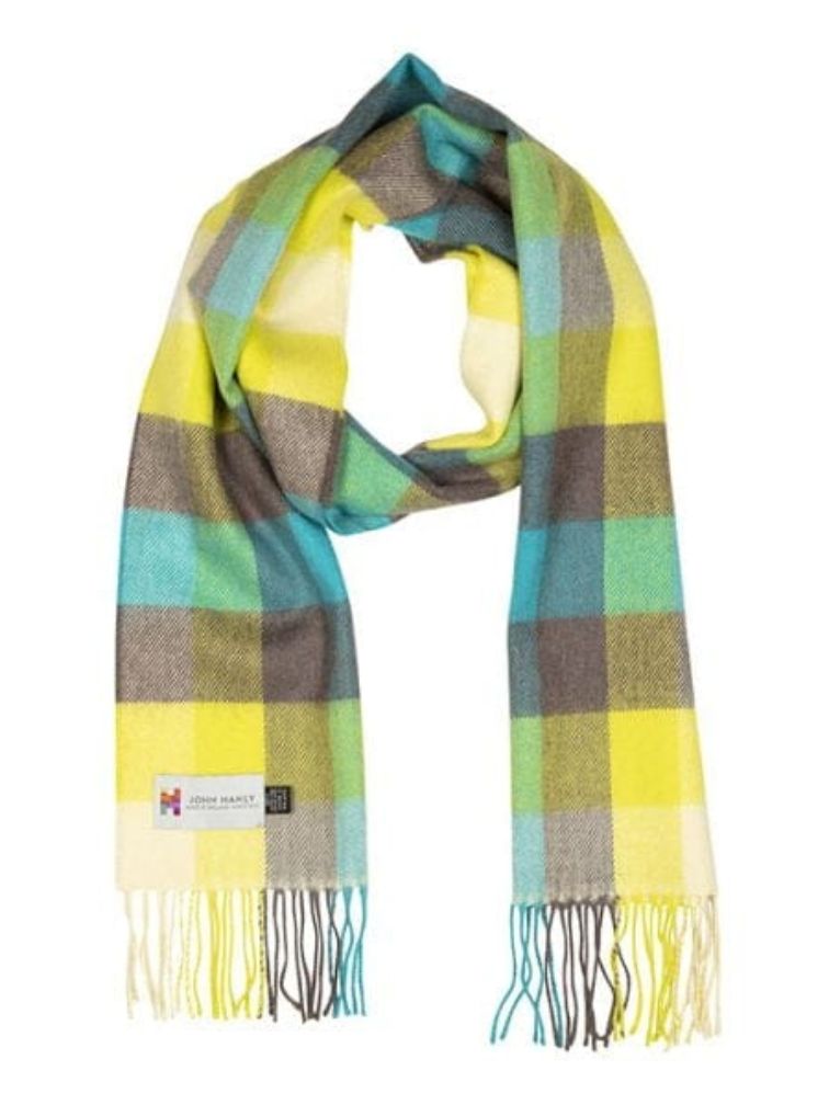 szalik z wełny jagnięcej w turkusowo żółtą kratkę