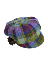 Damski kapelusz wełniany typu newsboy w kratkę purpurowo-zieloną