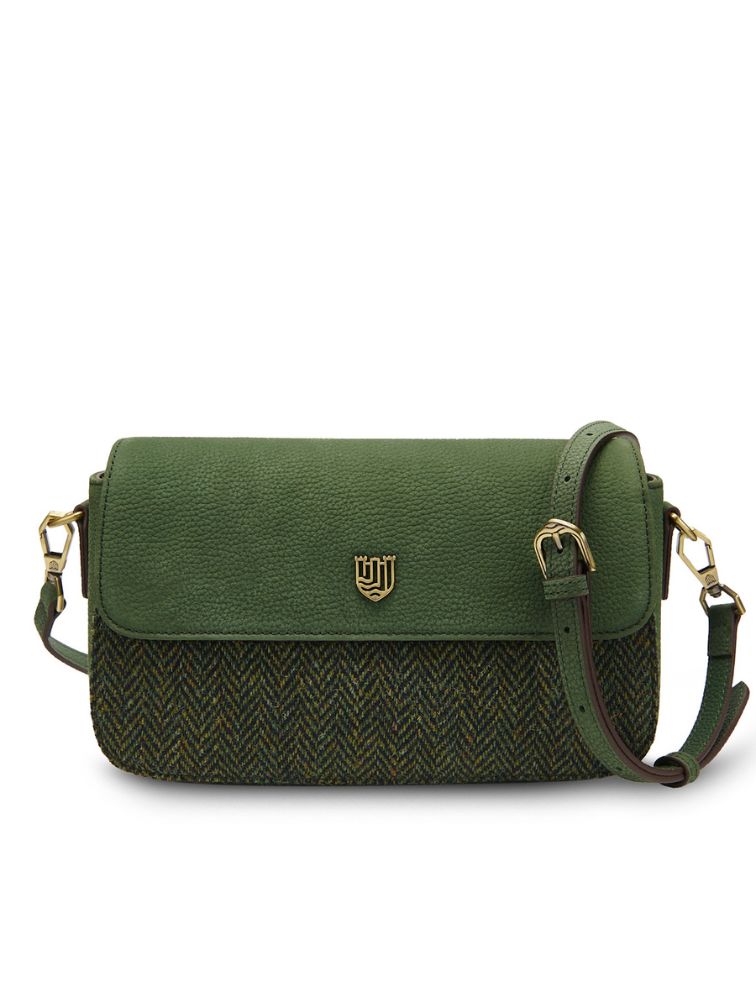 zielona torebka w jodełkę ze skóry naturalnej i wełny harris tweed z paskiem