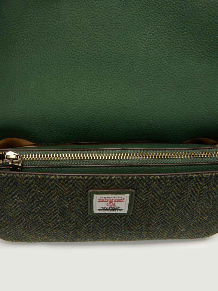 zielona torebka w jodełkę ze skóry naturalnej i wełny harris tweed z zapięciem na zamek